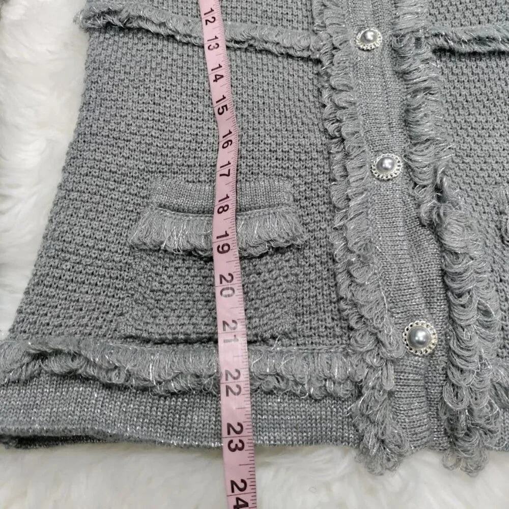 INC International Concepts Gray Silver Speckles Fringe Trim Knit Cardigan XL - Picture 11 of 12